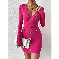 Summer Dresses for Women 2022 Surplice Neck Button Detail Bodycon Dress Dresses for Women (Color : Hot Pink, Size : X-Small)
