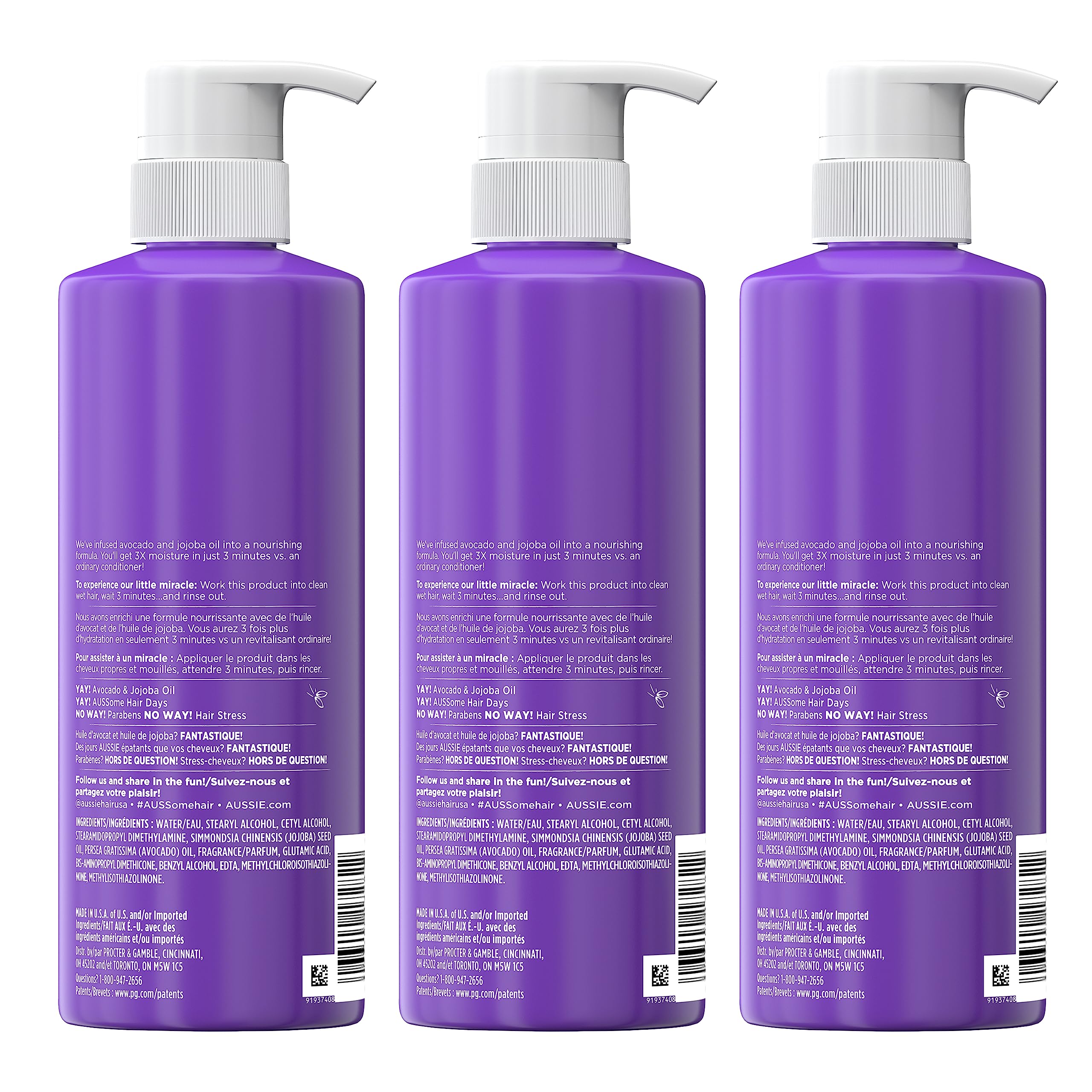 Aussie Deep Conditioner For Dry Hair with Avocado, Paraben Free, 3 Minute Miracle Moist, 16 Fl Oz Each, Triple Pack