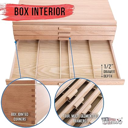U.S. Art Supply 4-Drawer Artist Wood Pastel, Pen, Marker Storage Box - Elm Hardwood Construction, 5 Compartments per Drawer - Ideal for Pastels, Pens, Pencils, Charcoal, Blending Tools, and More