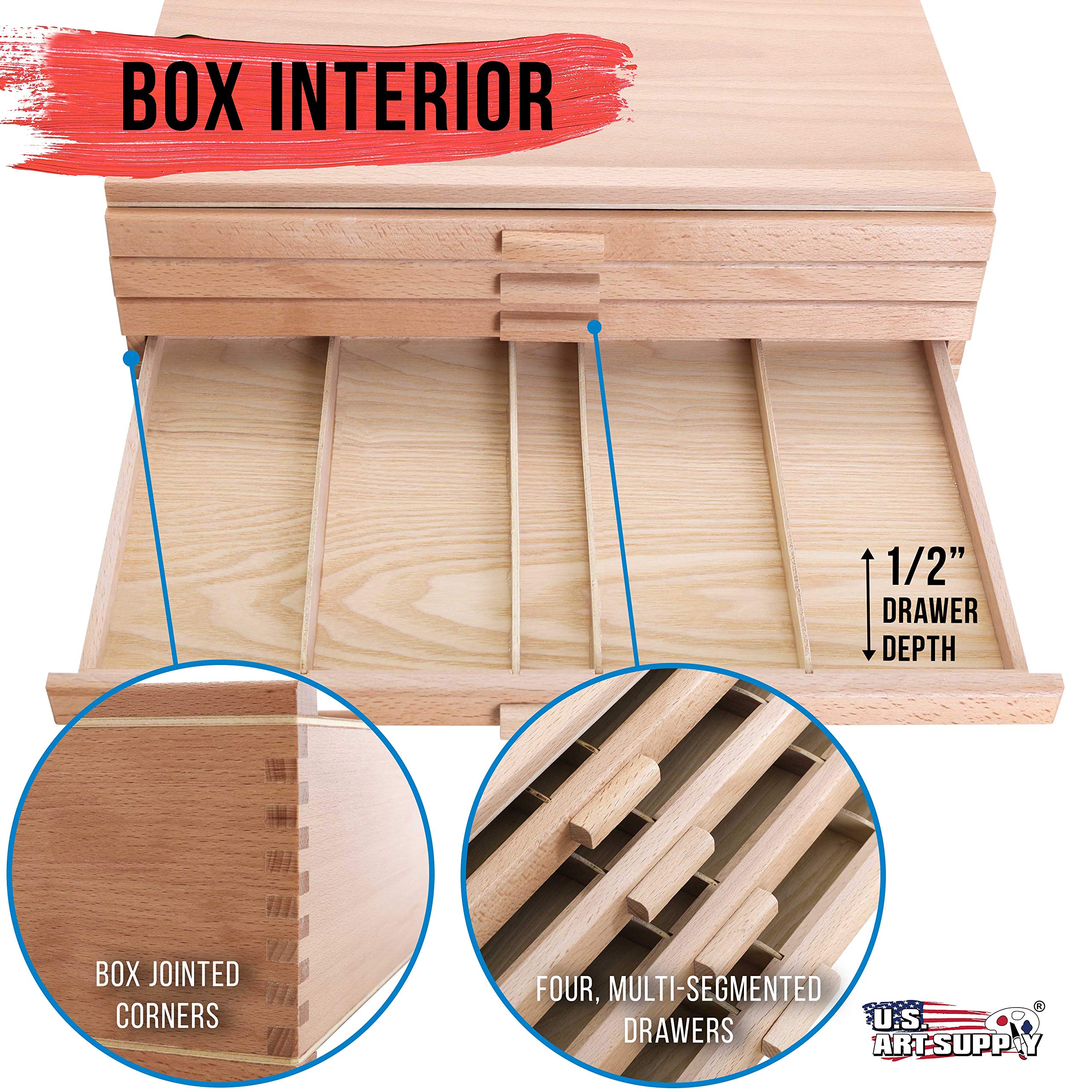 U.S. Art Supply 4 Drawer Wood Artist Supply Storage Box - Pastels, Pencils, Pens, Markers, Brushes