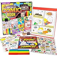 Made By Me Make Your Own Comic Book Storytelling Kit for Kids, 15-Page, Hardcover, How-to Draw Instructional Guide, Comic Inspired Stickers & Stamp, Holographic Stickers, 5 Vibrant Markers