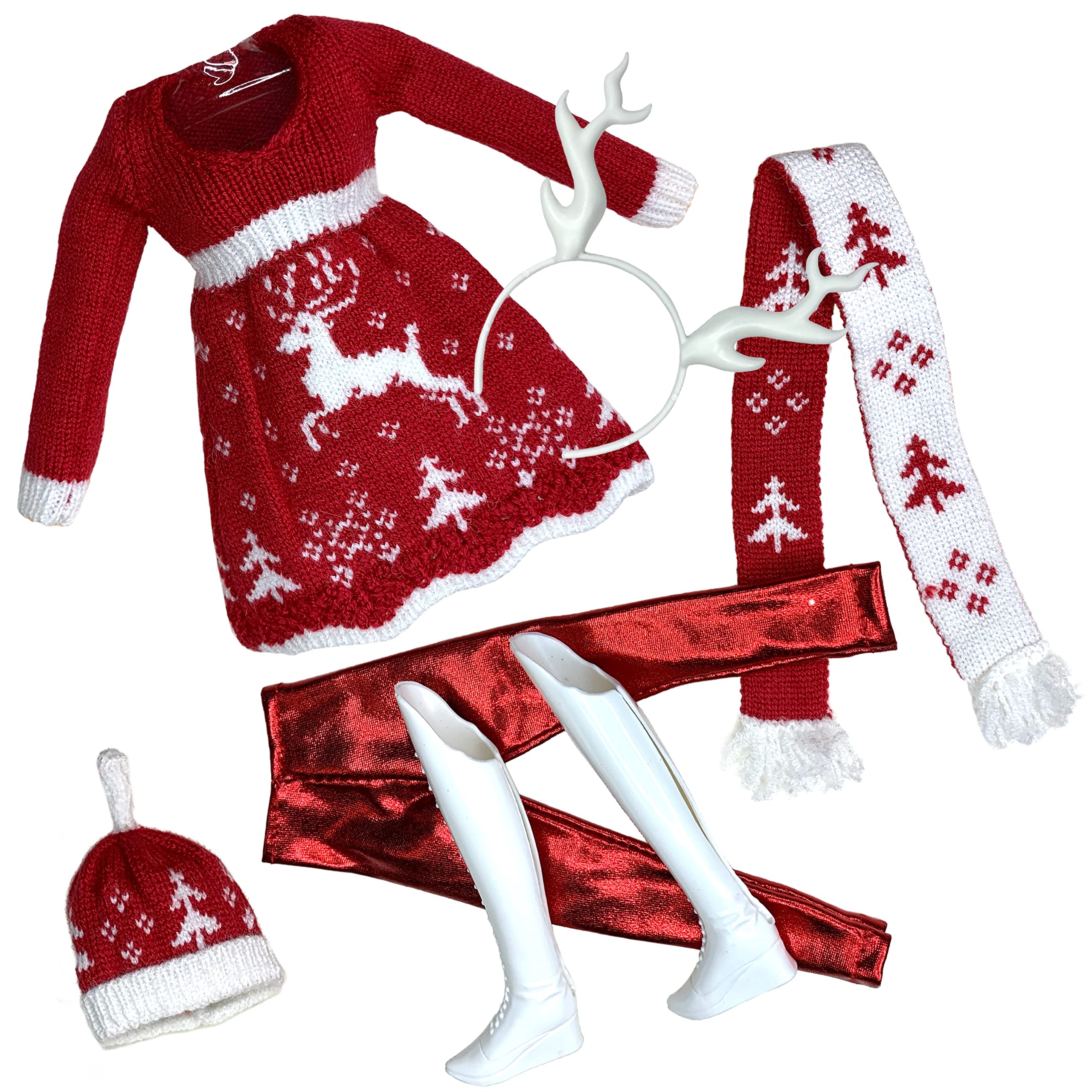 Eledoll 11.5 inch Doll Clothes Lot Deluxe Fashion Pack Holiday Christmas Miss Santa Knitted Deer Outfit with White Boots