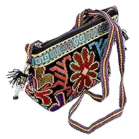 NOVICA Handmade Embroidered Iroki Silk Sling Zippered Floral Intense Hues Handbags Black Multicolor Slings Patterned Uzbekistan Folk Art Geometric 'Oasis Flower'