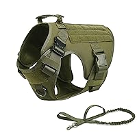 Tactical Dog Harness Vest with Handle Military Working Training Molle Vest with Metal Buckles & Loop Panels Free Bungee Dog Leash (S, Green Harness with Leash)