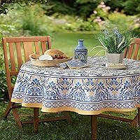 Home Bargains Plus Oval Fabric Tablecloth, 60 x 84 Inch, Allure Yellow and Blue Floral Bordered Print, Indoor Outdoor Stain and Water Resistant Table Cloth, Provence French Country