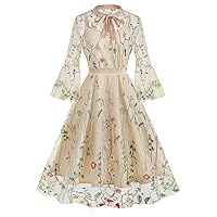 Women Mesh Floral Embroidery Vintage Cocktail Swing Dress Illusion 50s Goth Flared A line Casual Wedding Prom Evening Dress