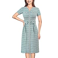 Womens Wear to Work Business Professional Pleated Bowknot Zipper Buttons Tweed Slim Fitted Notch Neck Midi Dress
