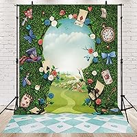 Wonderland Tea Party Photo Backdrop 6Wx8H Photography Key Hold Checkerboard Green Grass Fence Decorations Background for Newborn Baby Shower Fairy Castle Tale Tapestry Banner Props Supplies