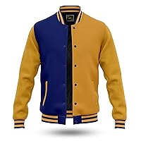 RELDOX Brand Varsity Jacket, Wool Body with Leather Arms Letterman Baseball Unique & Stylish Color Royal Blue-Yellow, Size L