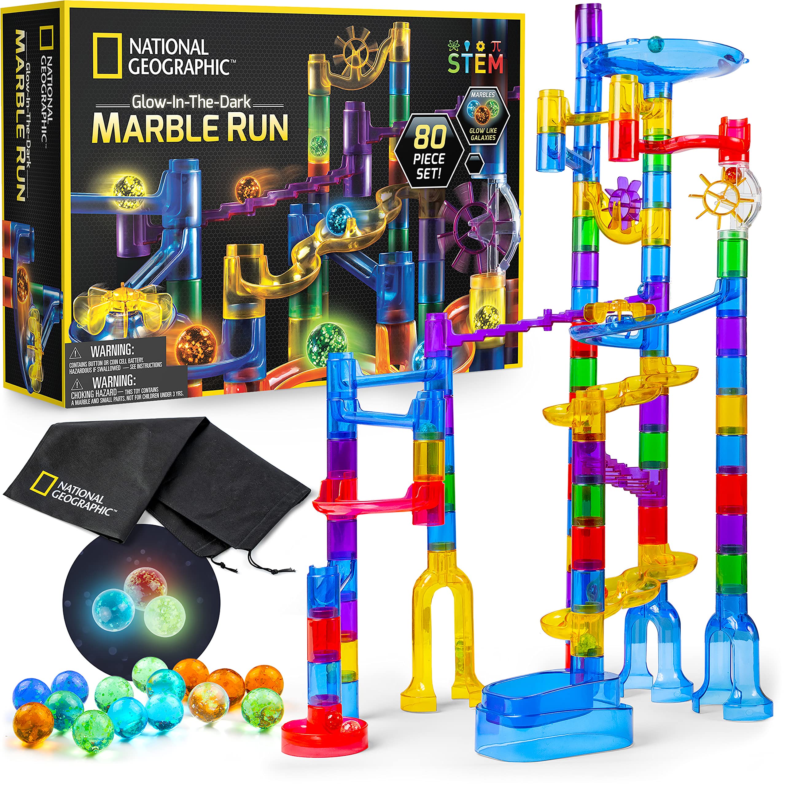 NATIONAL GEOGRAPHIC Glowing Marble Run – 80 Piece Construction Set with 15 Glow in the Dark Glass Marbles & Storage Bag, STEM Gifts for Boys and Girls, Building Project Toy (Amazon Exclusive)