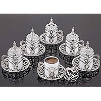LaModaHome Espresso Coffee Cup with Saucer and Lid Set of 6, Porcelain Turkish Arabic Greek Coffee Set, Coffee Cup for Women, Men, Adults, New Home Wedding Gifts - White/Silver