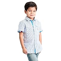 Boys' Linen Blend Dress Shirt - Short Sleeve Blue Striped Top