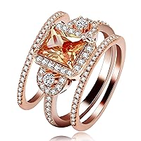 3pcs Rose Gold Plated Emerald Cut Orange AAA Cubic Zirconia 3-Stone Cross Engagement Wedding Rings Set Gift (Size 6 7 8 9 10) Y434