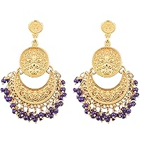 Touchstone Indian Bollywood Finely Hammered And Embossed Traditional Blue Beads Charming Look Dangling Chand Baali Half Moon Motif Designer Jewelry Earrings In Antique Gold Tone For Women.
