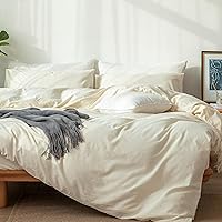MooMee Bedding Duvet Cover Set 100% Washed Cotton Linen Like Textured Breathable Durable Soft Comfy (Cream White, Twin)