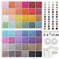 QUEFE 44000pcs 2mm 12/0 Glass Seed Beads for Bracelet Making Kit with 2 Rolls 1mm Elastic Bracelet String 200m, 48 Colors Small Beads, Craft Beads Kit for Jewelry Making
