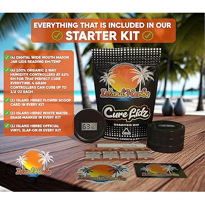 ISLAND HERBZ Digital Curing Kit - Fits All Wide Mouth Mason Jar Containers - Kit includes 4 Digital Hygrometer Lids with 4 Organic 2 Way Controllers 1 Scoop Card 1 White Marker and 1 Slap-On