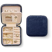 Plush Jewellery Organizer Box |Small Jewellery Boxes | Jewellery Organizer, Jewellery Travel Case for Women | Earring Organizer with Mirror - Navy Blue Velvet