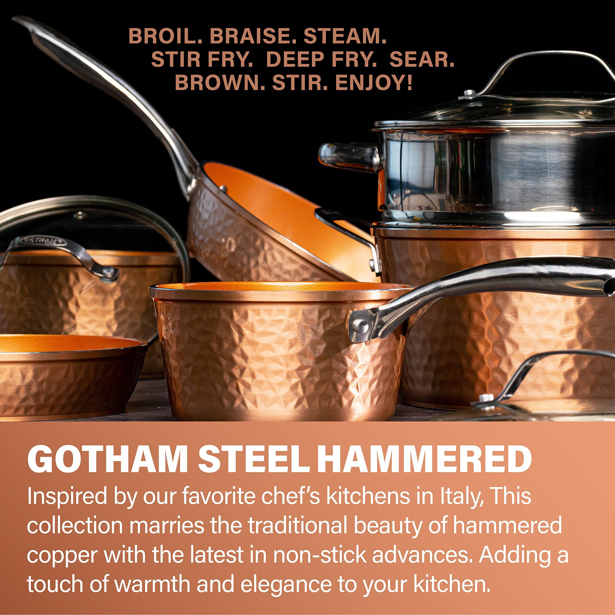 Gotham Steel 12” Nonstick Fry Pan with Lid – Hammered Copper Collection, Premium Aluminum Cookware with Stainless Steel Handles, Induction Plate for Even Heating, Dishwasher & Oven Safe, Large
