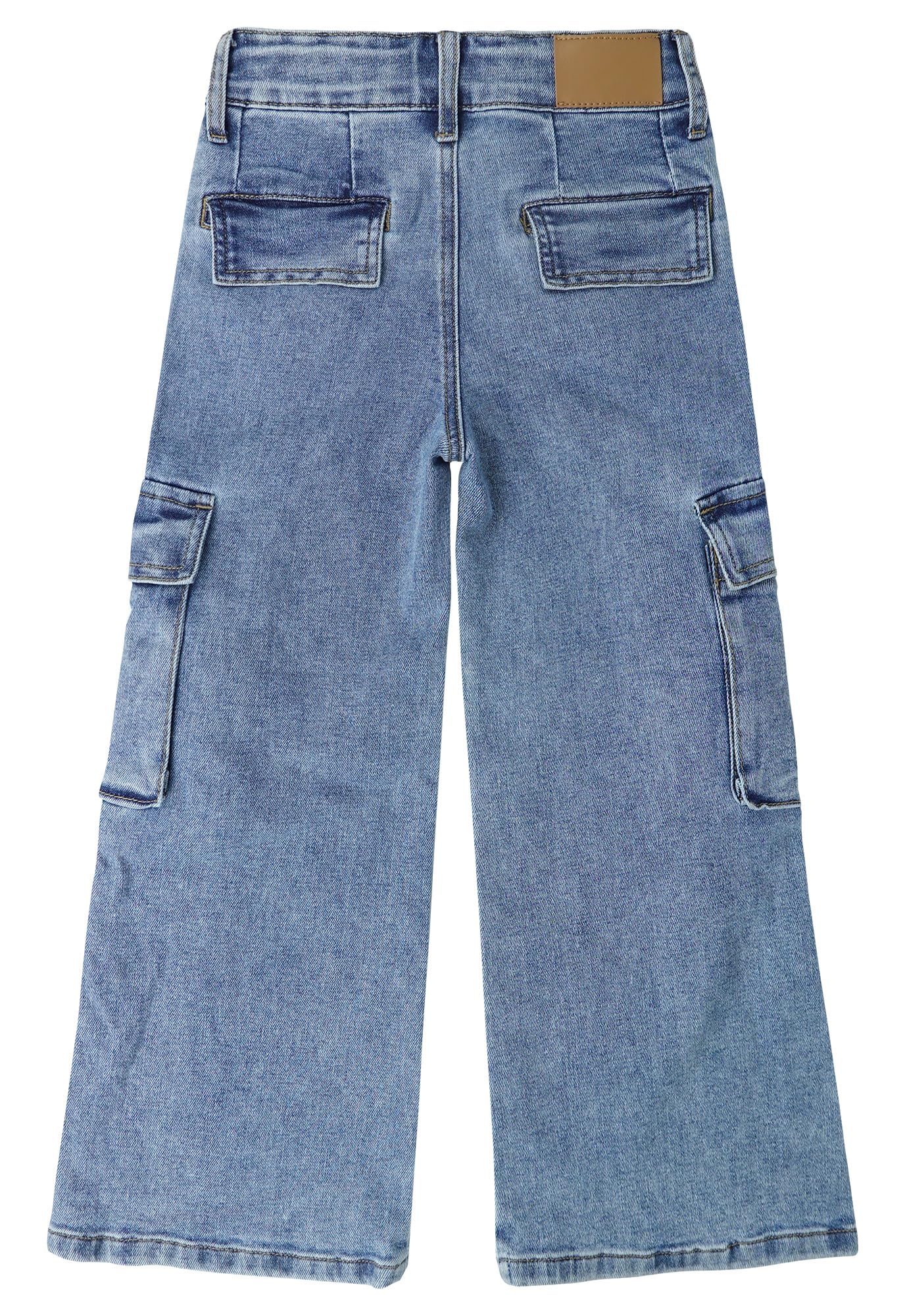 KIDSCOOL SPACE Girls' Cargo Jeans with Flap Pocket, Wide Leg and Split Hem Boyfriend Denim Pants