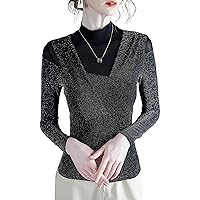 Women's Fashion Mesh Tops Sexy Semi Sheer Mock Neck Long Sleeve Bright Silk Patchwork Blouses Ladies Elegant Work Shirts