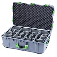 Pelican 1650 Case Silver - Large Sized Waterproof Rolling Case with Gray Padded Dividers & Convoluted Lid Foam - Lime Green Handles & Latches