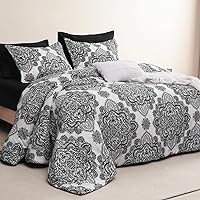 PHF Printed Comforter Set California King Size, 3 Pieces Ultra Soft Lightweight Bedding Set, Botanical Floral Reversible Comforter with 2 Pillow Shams for All Seasons, White & Black