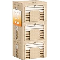 Furnhome 3 Pack Clothes Storage Organizer, Large Storage Bins for Closet, Foldable Clothing Storage Bins for Shelves with Zippers & Clear Window & Reinforced Handles-72L, Beige.