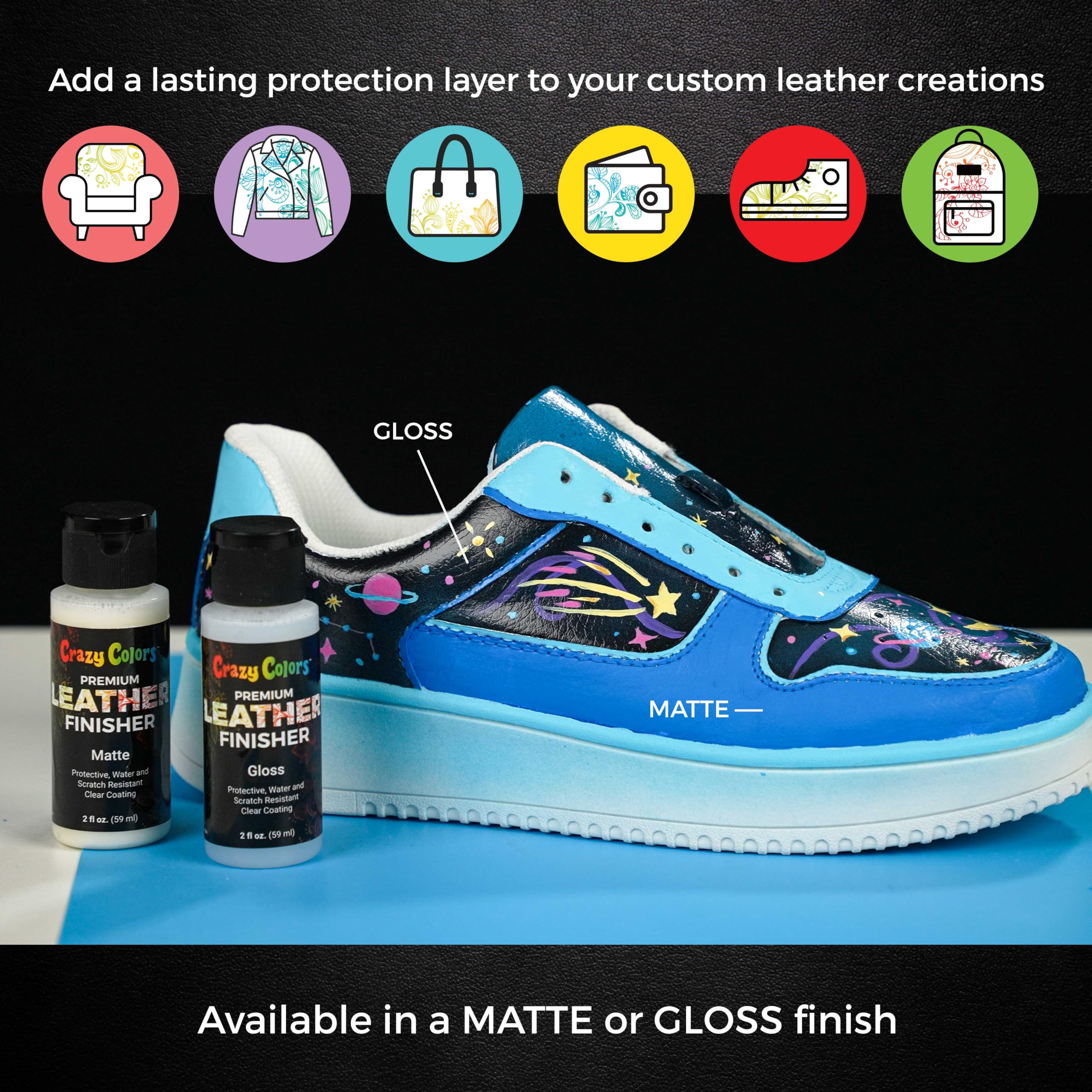 Crazy Colors Premium Dull Matte Acrylic Leather and Shoe Paint Finisher, 2 oz Bottle - Clearcoat Sealant Protection - Durable Scratch, Crack, Peel, Fade Resistant Finish - Artwork Jackets, Bags Purses