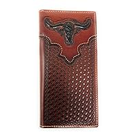 Premium Genuine Western Mens Embossed Basketweave Cowboy Long Wallet in Multi Emblem (Coffee Longhorn)