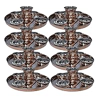 Pack of 8 Set Stainless Steel Copper Traditional Dinnerware Set Of Thali Plate, Bowls, Glass And Spoon, Diameter 12 Inch