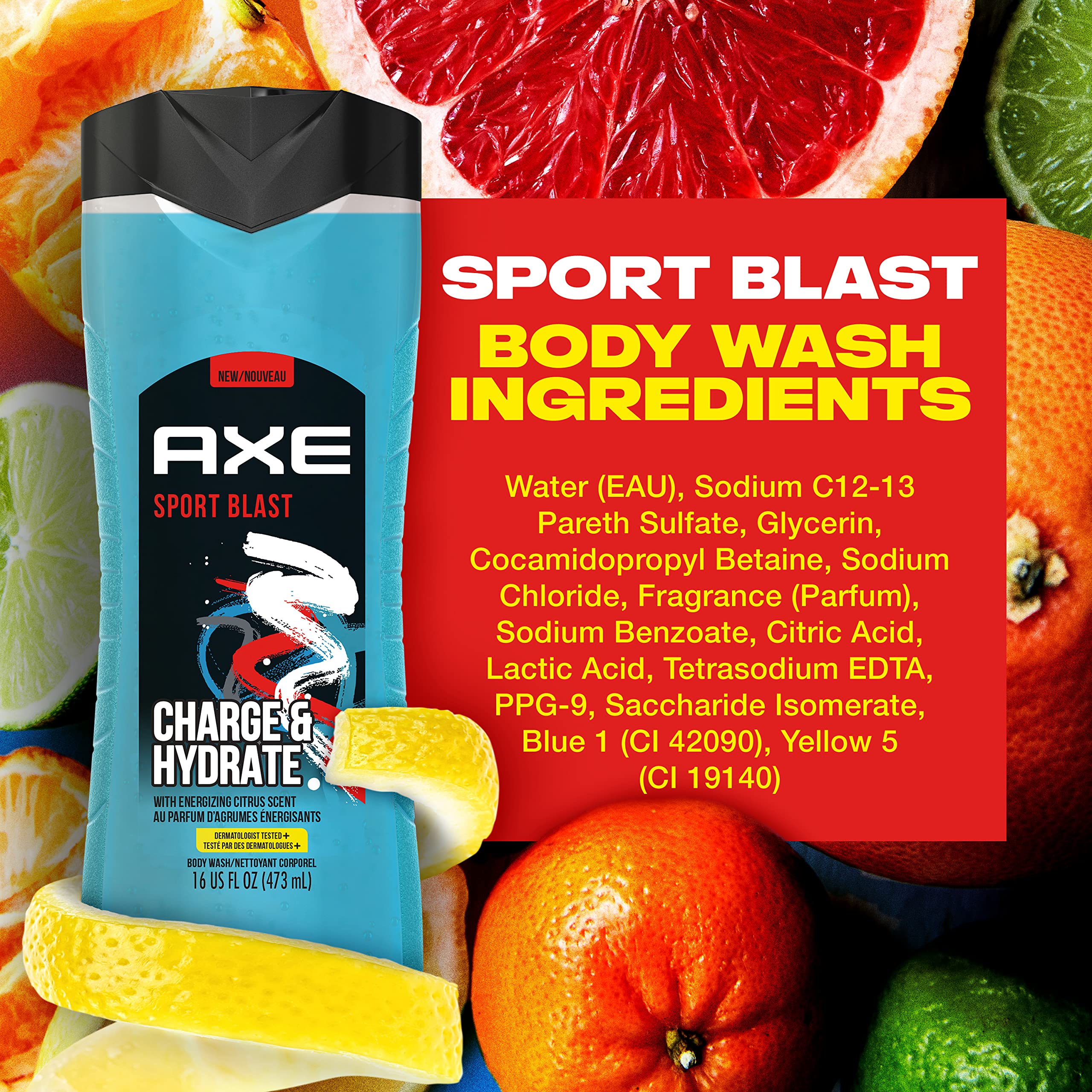 AXE Body Wash Charge and Hydrate Sports Blast Energizing Citrus Scent Men's Body Wash 100 percent Recycled Bottle 16 oz (Pack of 4)