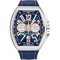 Franck Muller Vanguard Yachting Mens Rose Gold Automatic Chronograph Watch - Tonneau Analog Blue Face with Luminous Hands and Sapphire Crystal - Blue Rubber Band Swiss Made Automatic Watch for Men