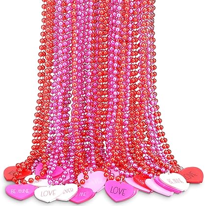 Ecally 24 Pcs Heart Shaped Beads Necklaces Wedding Love Sweet Necklace with Heart Shaped Pendant Necklaces for Valentines Day Bachelorette Mardi Gras Party Favors