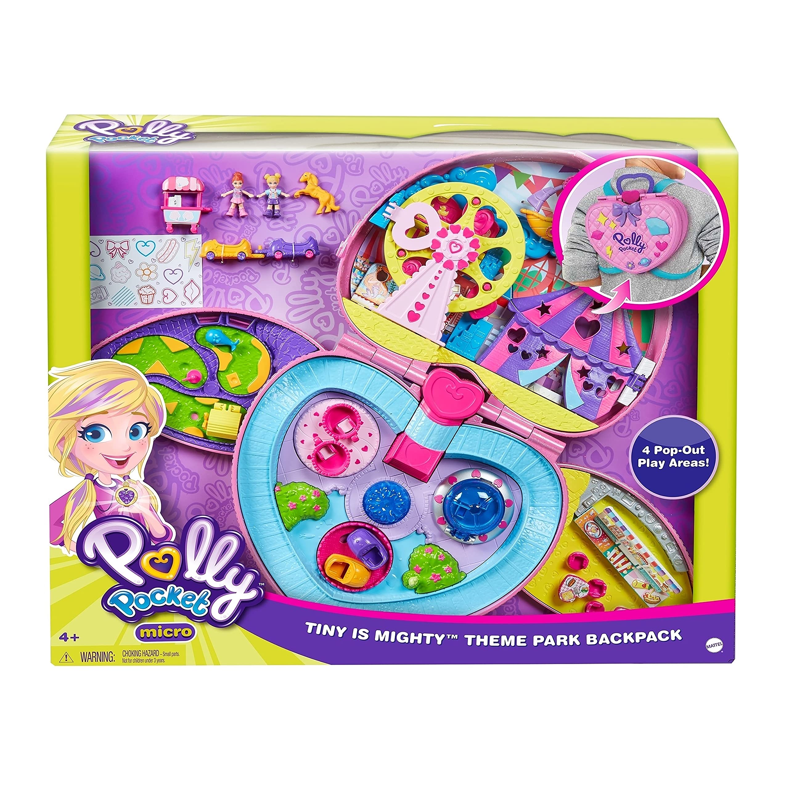 Polly Pocket 2-In-1 Travel Toy Playset with 2 Micro Dolls & Toy Cars, Tiny Is Mighty Theme Park Backpack Compact