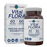 Vital Planet - Vital Flora Immune Support Probiotic, 60 Billion CFU, Diverse Strains, Organic Mushroom Supplement Blend with Prebiotics, Digestive Health Probiotics for Women and Men 30 Capsules