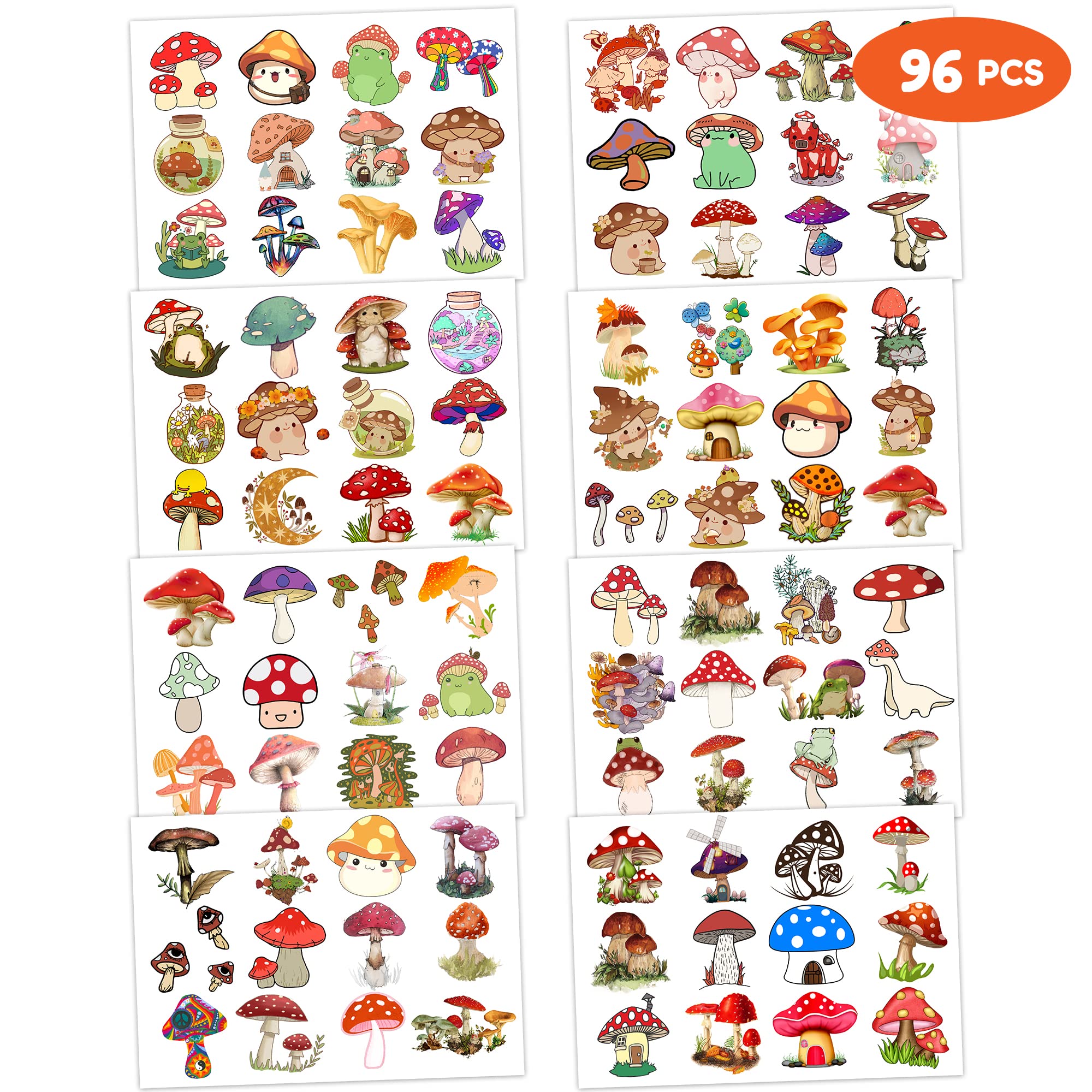 8 Sheet (96Pcs) Mushroom Temporary Tattoos Sticker for Kids, Mushroom Birthday Party Decorations Supplies Favors Super Cute Face Tattoos Sticker Gifts Ideas for Boys Girls Baby Shower Prizes Rewards