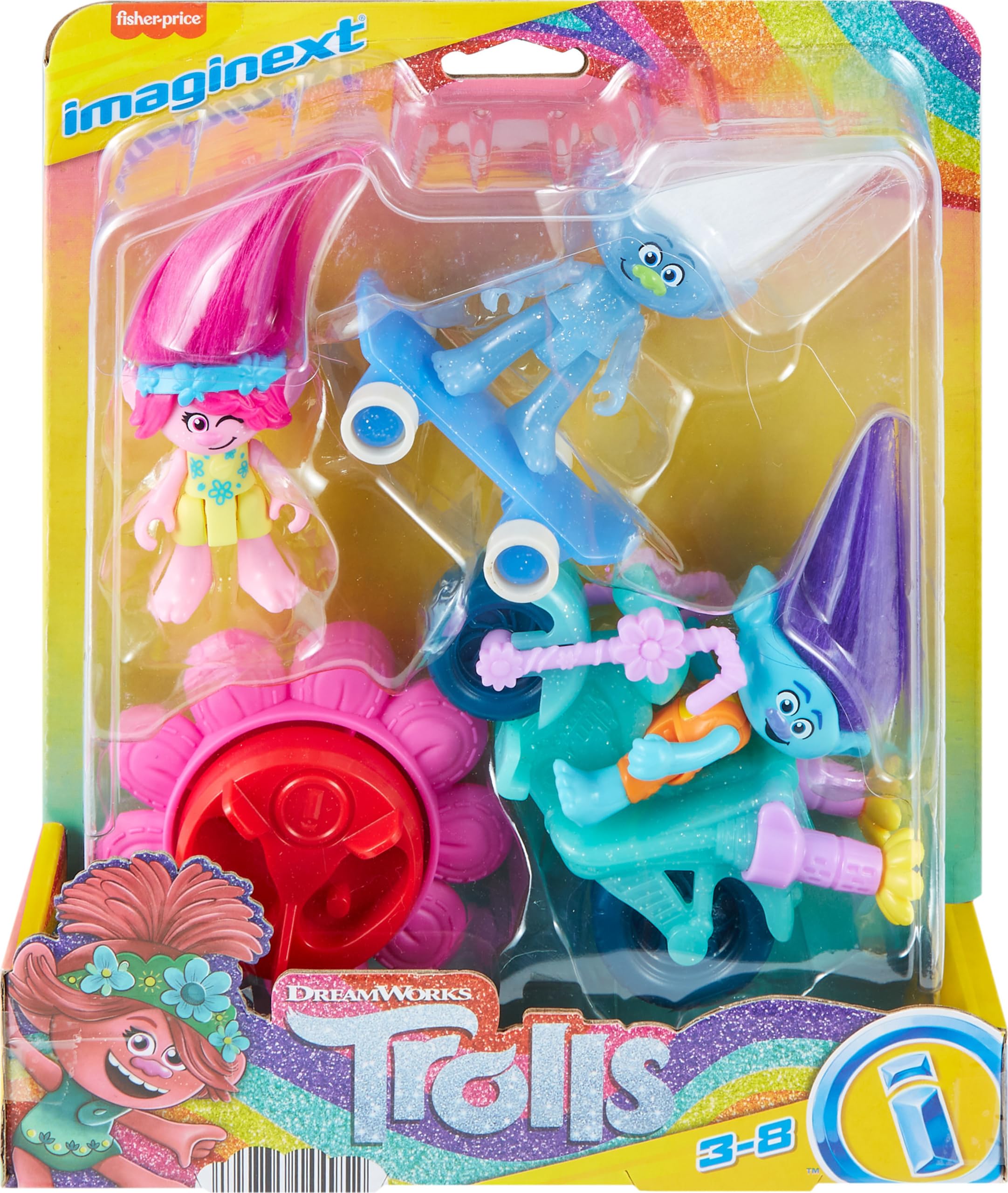 Fisher-Price Imaginext DreamWorks Trolls Toy Sparkle & Roll Pack, Poppy Branch and Guy Diamond Figures and Vehicles Set, Ages 3-8 Years