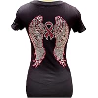 Pink and Silver Rhinestone Angel Wings & Breast Cancer Awareness V Neck Fitted T-Shirt