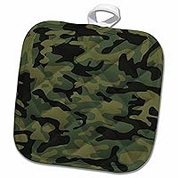 3D Rose Dark Green Camo Print-Hunting Hunter Or Army Soldier Uniform Style Camouflage Woodland Pattern Pot Holder, 8 x 8