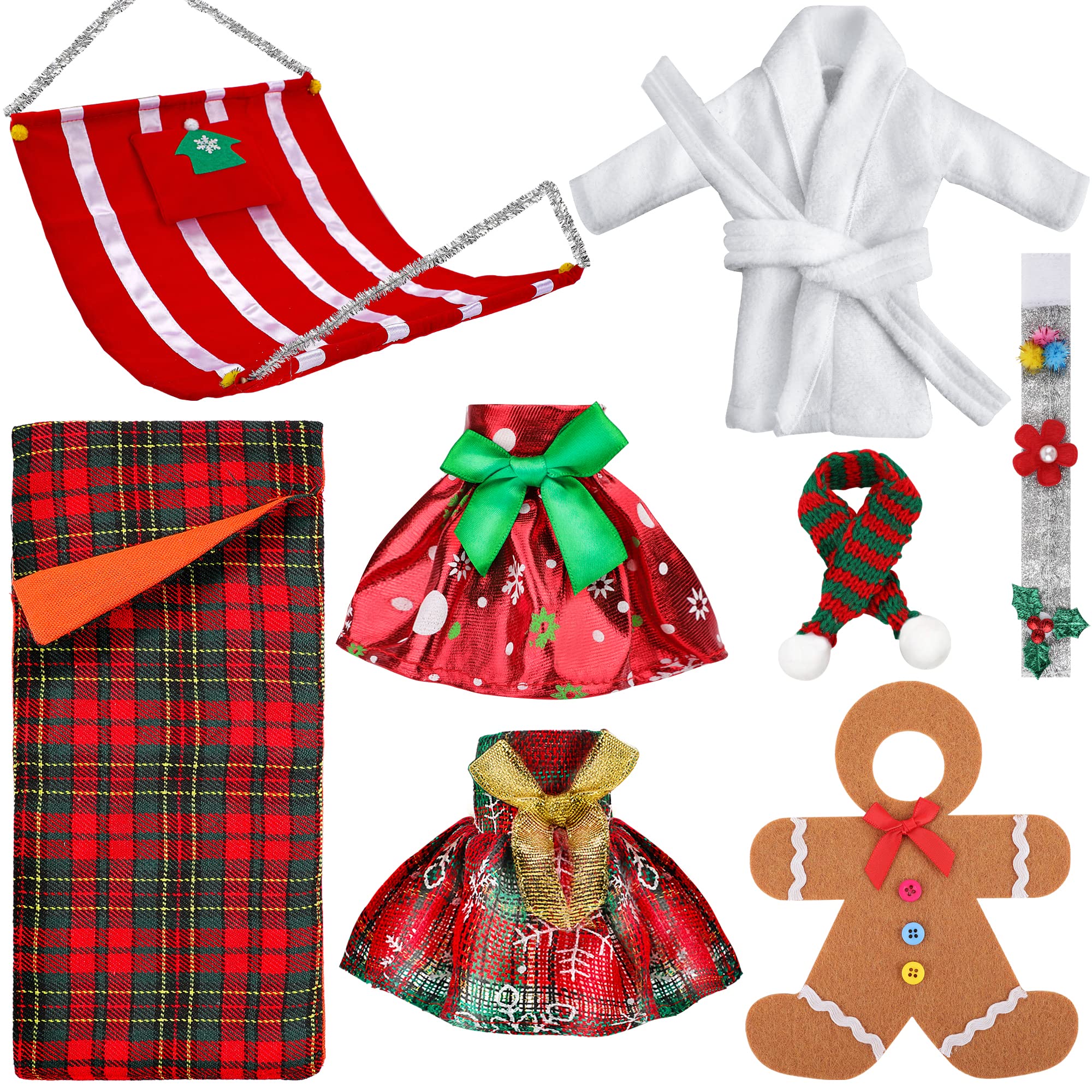 Christmas Elf Doll Accessories Christmas Doll Clothing Costume Accessories for Elf Doll Including Skirts, Bathrobe, Sleeping Bag, Scarf, Headbands, Hammock, Gingerbread Man Costume