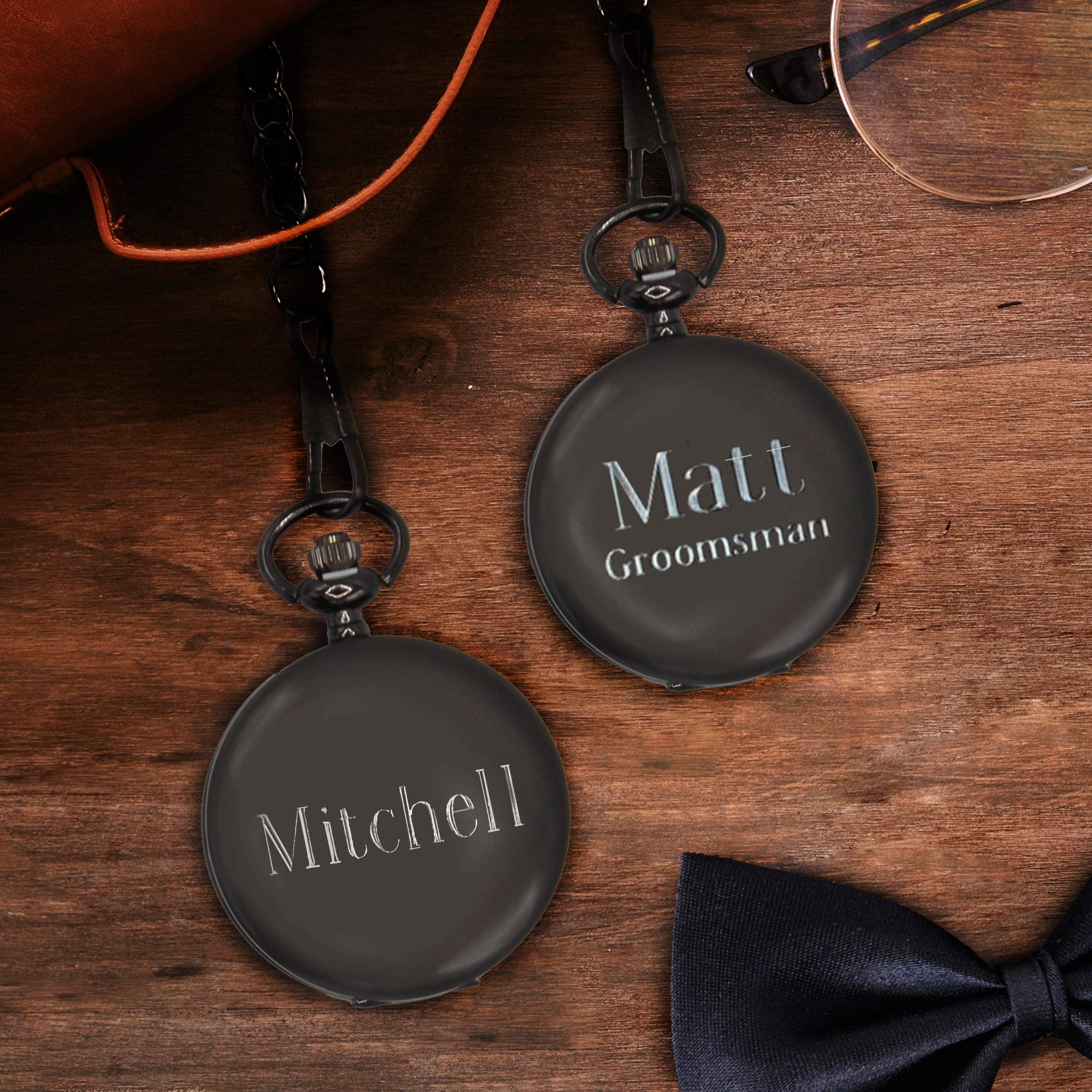 My Personal Memories, Personalized Gunmetal Quartz Pocket Watch with Chain - Groomsmen Wedding Party - Engraved