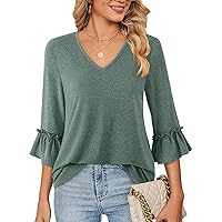 Messic Blouses for Women Dressy Casual 3/4 Length Bell Sleeve Tops V Neck T Shirts Tunic