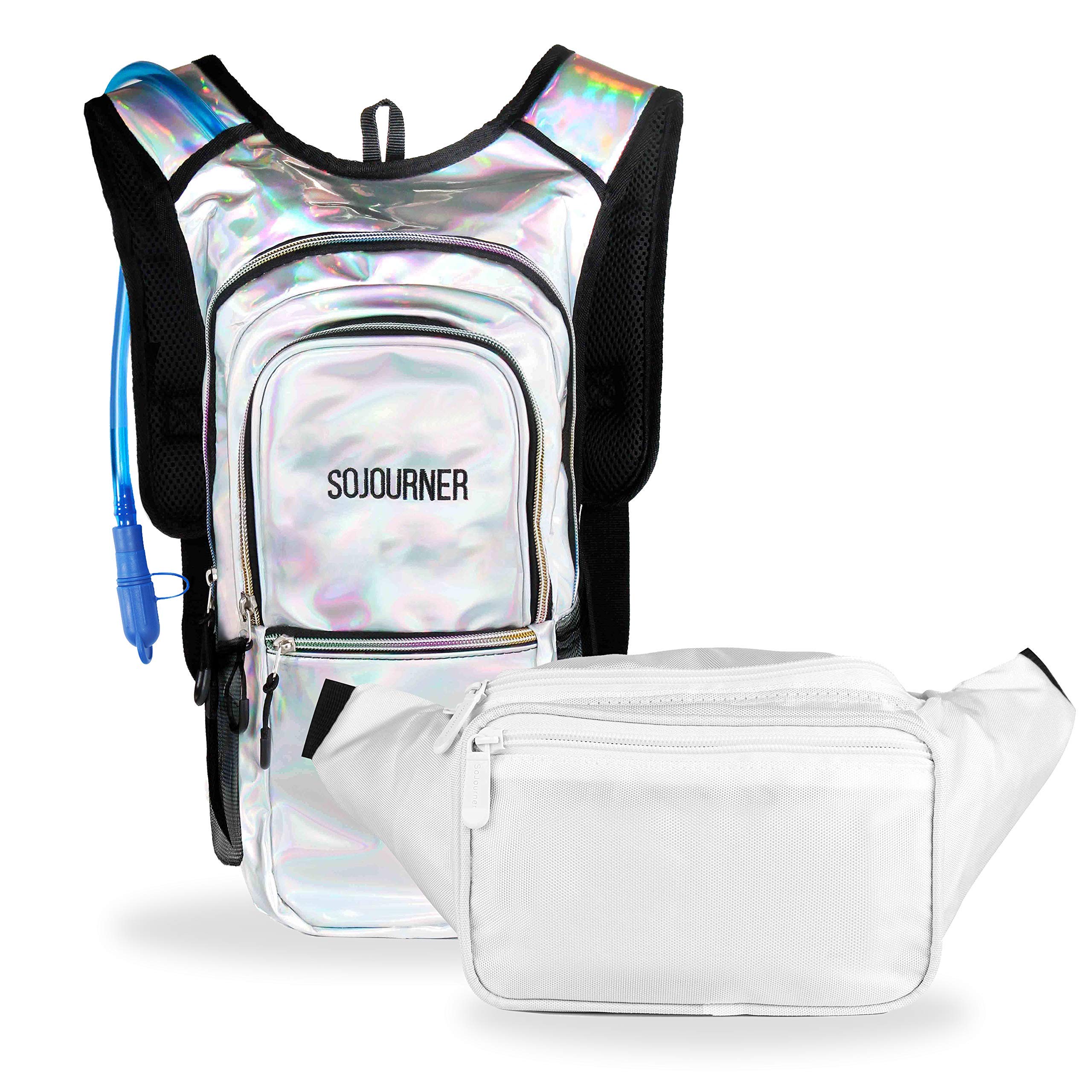 SoJourner Solid White Fanny Pack Bundle with Sojourner Rave Hydration Pack Backpack (3 Pocket Holographic Silver)