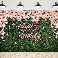 Riyidecor Green Leaves Happy Birthday Backdrop Polyester Fabric Neon Pink Floral Rose Flower Blossom Botanical Plant Nature 8Wx6H Feet Girls Women Photography Background Birthday Photo Studio Shoot