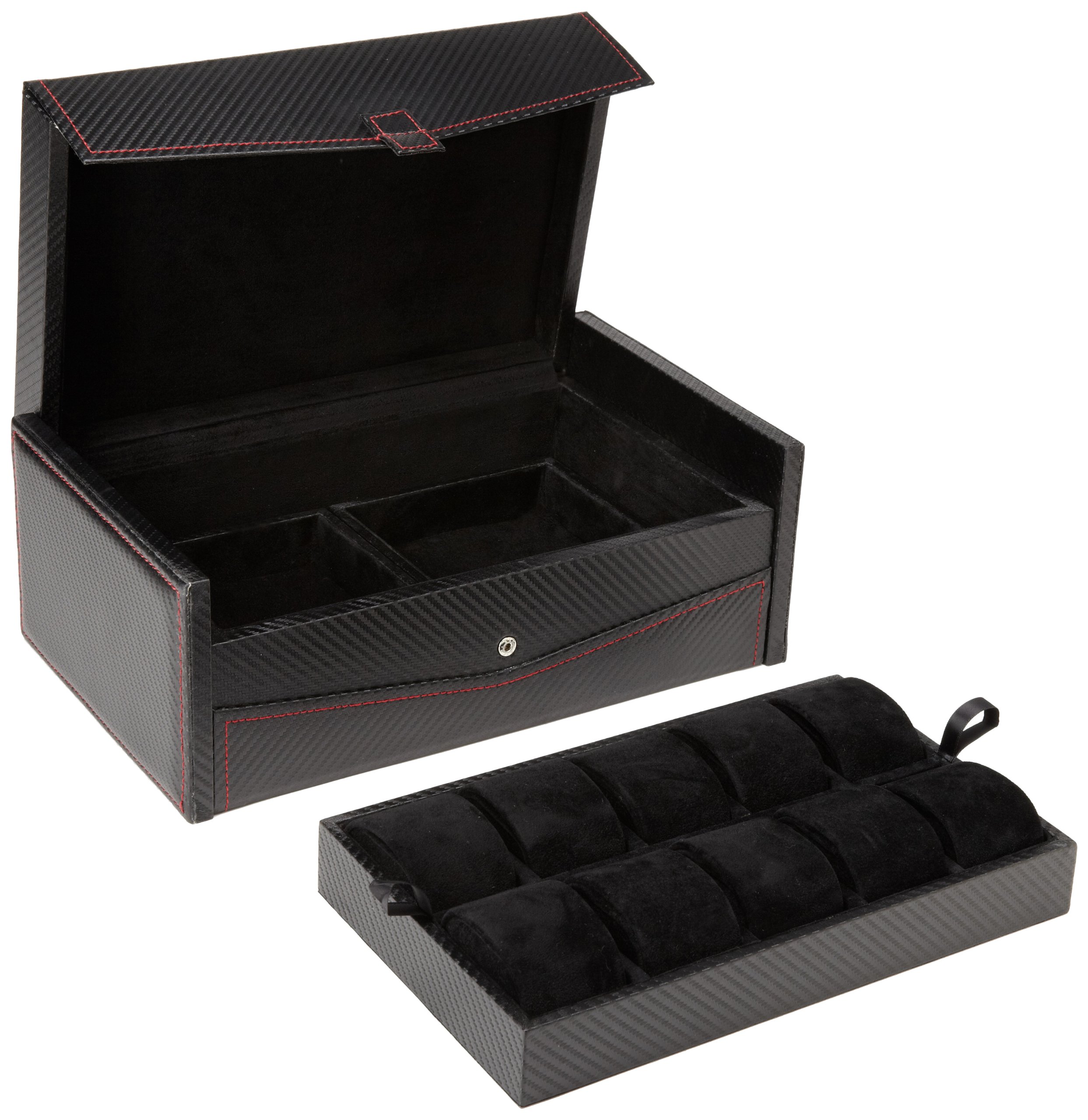 Diplomat 31-444 Carbon Fiber Ten Watch Case with Black Suede Interior and 2 Storage Compartments Watch Case