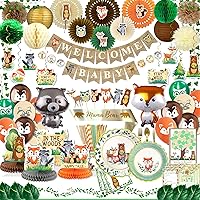 3 Product Bundle: 429 Piece Woodland Baby Shower Decorations for Boy or Girl Set + 193 PC Woodland Disposable Tableware Set - Serves 24 + 21 Pc Woodland Baby Shower Centerpieces and Swirls