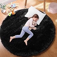 PAGISOFE 4x4 Feet Area Rug, Round Black Rug, Circle Rugs for Kids Bedroom, Fluffy Carpets, Shaggy Rugs Small Teepee Furry Mat, Comfy Reading Rug, Circular Rug,Rugs for Girls Boys Room