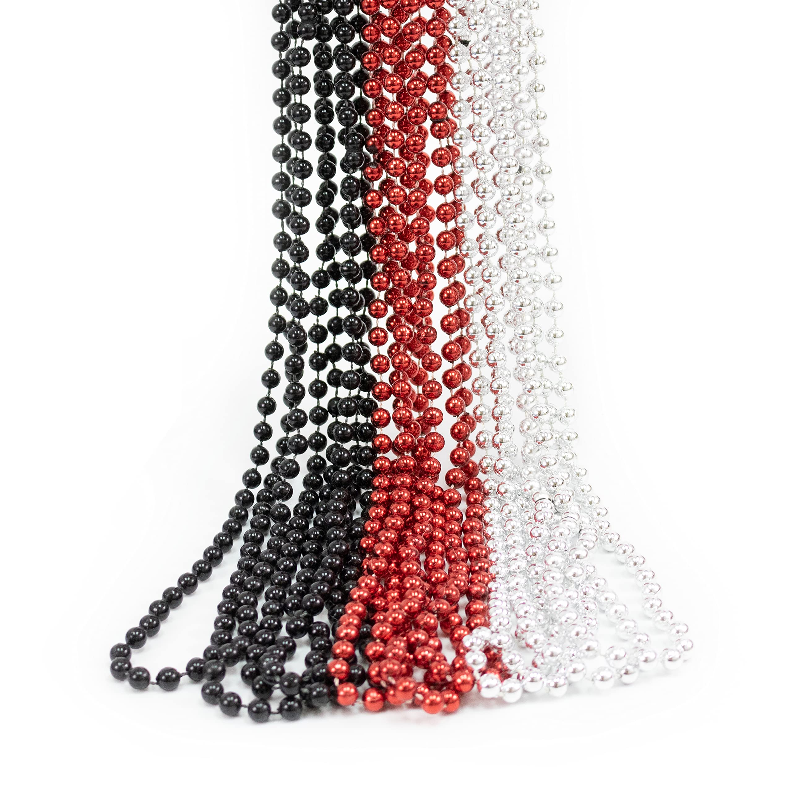 GIFTEXPRESS 12 pack of 33 Mardi Gras Beads Necklace, Metallic Red Black Silver Beaded Necklace, Mardi Gras Throws, Party Beads Costume Necklaces