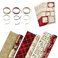 Hallmark Reversible Christmas Wrapping Paper Set with Ribbon and Gift Tag Stickers (Traditional Red and Gold, 3 Rolls of Wrapping Paper and Ribbon)